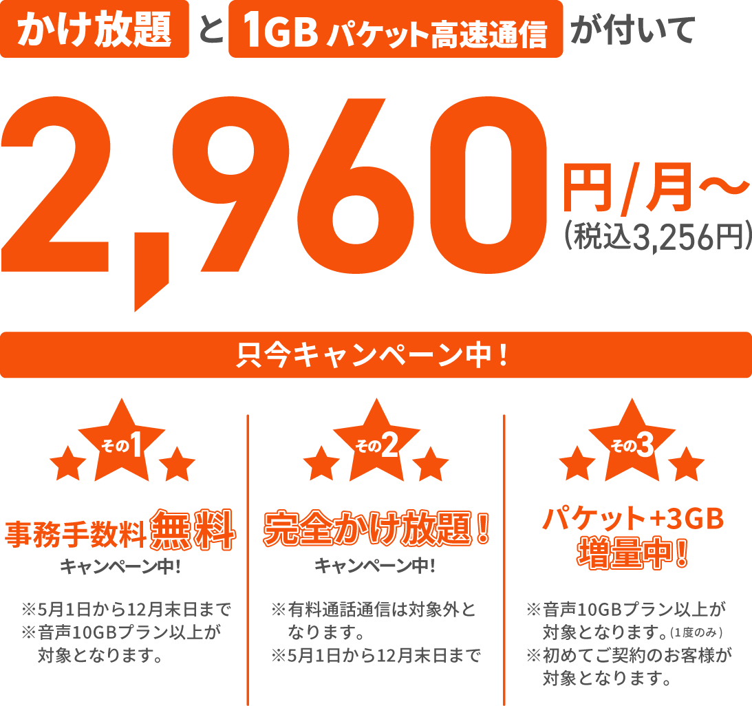 かけ放題と1GBパケット高速通信がついて 税抜2,960円